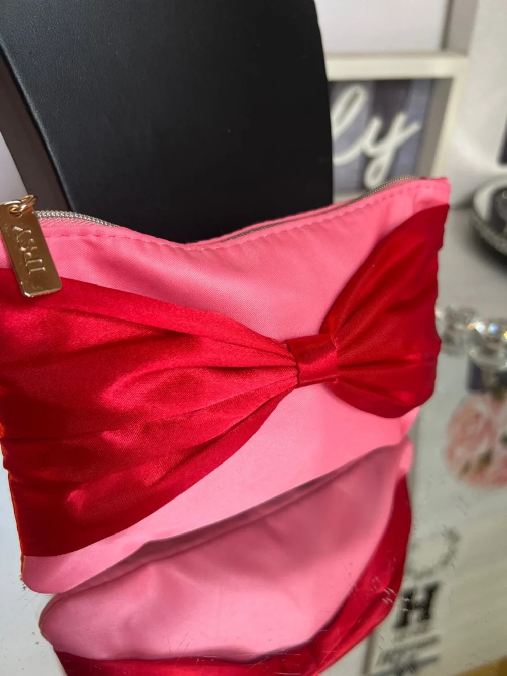 ipsy Pink Cosmetic Pouch with Red Satin Bow